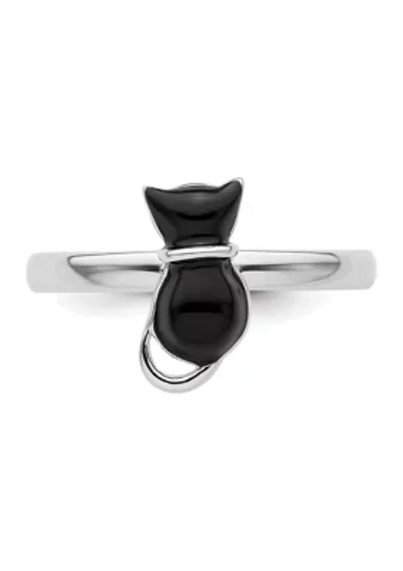 Sterling Silver Stackable Expressions Polished Black Enameled Cat Ring
