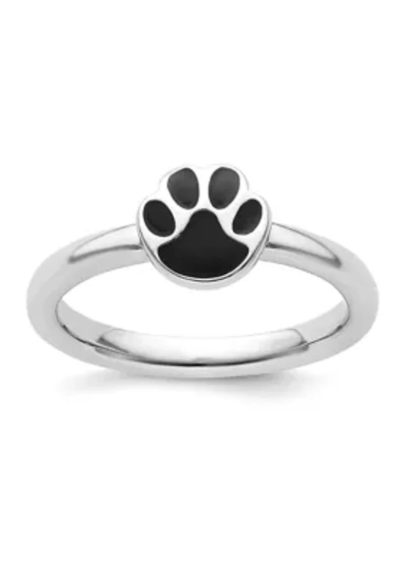 Sterling Silver Stackable Expressions Black Enamel Pawprint Ring