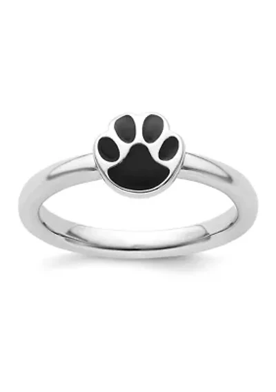 Sterling Silver Stackable Expressions Black Enamel Pawprint Ring