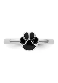 Sterling Silver Stackable Expressions Black Enamel Pawprint Ring