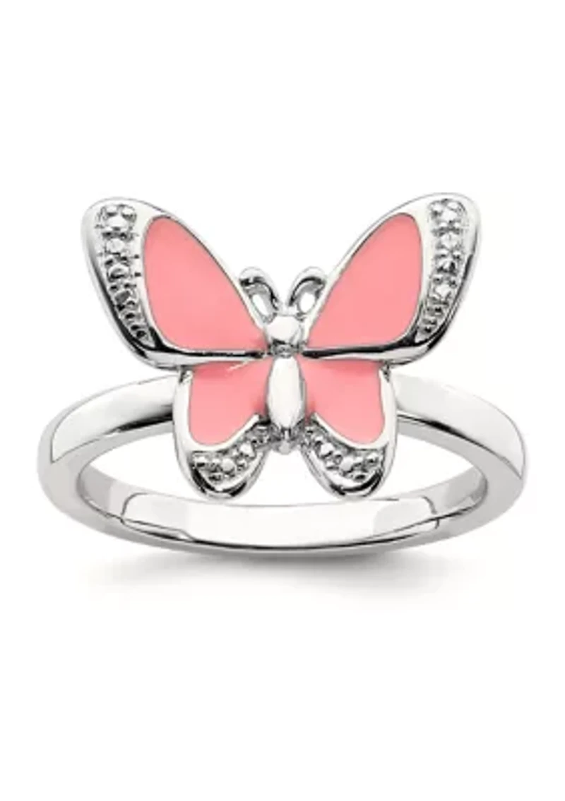 Sterling Silver Stackable Expressions Pink Enamel Butterfly Ring