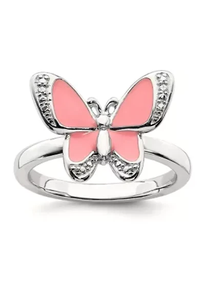 Sterling Silver Stackable Expressions Pink Enamel Butterfly Ring