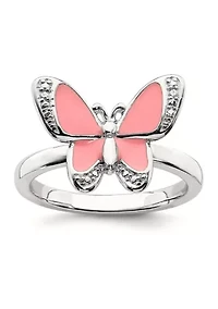 Sterling Silver Stackable Expressions Pink Enamel Butterfly Ring