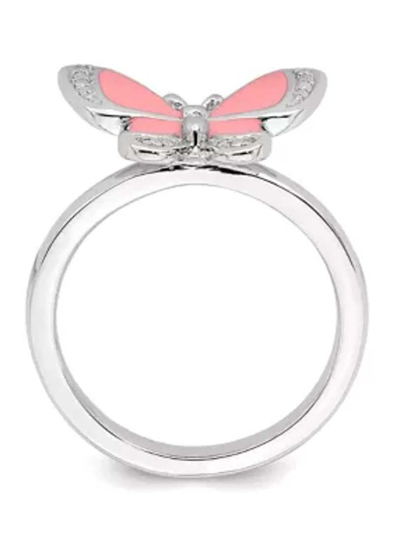 Sterling Silver Stackable Expressions Pink Enamel Butterfly Ring