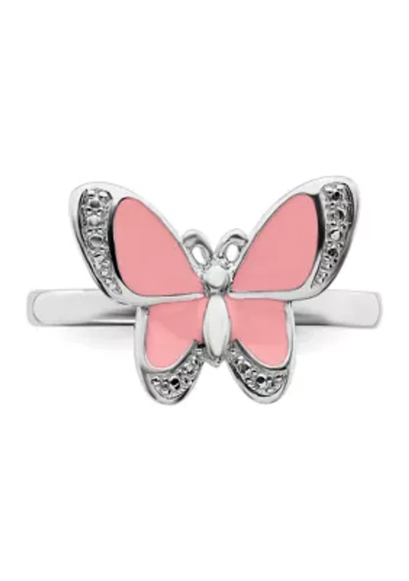 Sterling Silver Stackable Expressions Pink Enamel Butterfly Ring