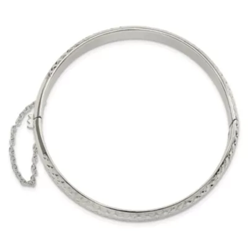 Sterling Silver Rhodium-plated Polished and Diamond-cut 7mm Hinged Bangle