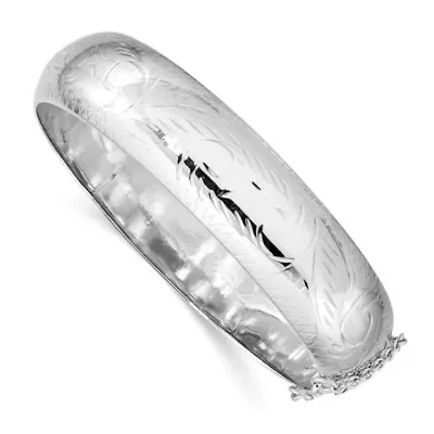 Sterling Silver Rhodium-plated Diamond-cut 15mm Fancy Hinged Bangle Bracelet
