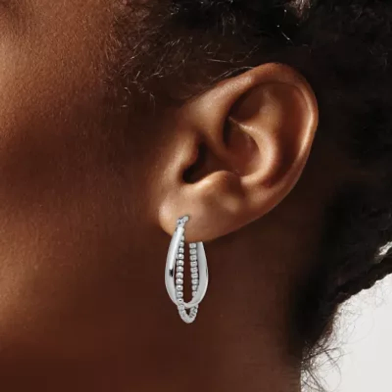 Sterling Silver Rhodium-plated Twisted and Beaded Hoop Earrings