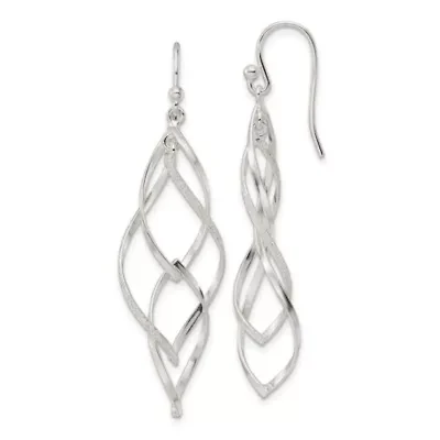 Sterling Silver Polished and Lasered Texture Twisted Dangle Hook Earrings