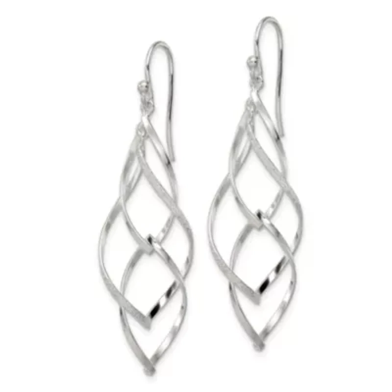 Sterling Silver Polished and Lasered Texture Twisted Dangle Hook Earrings