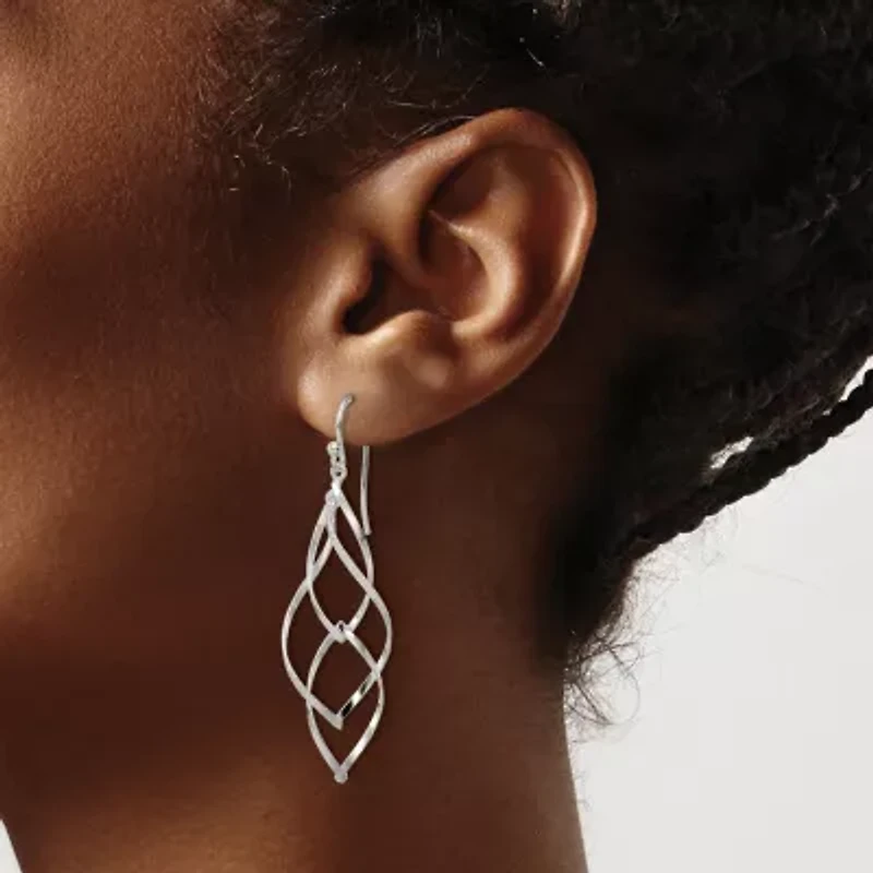 Sterling Silver Polished and Lasered Texture Twisted Dangle Hook Earrings