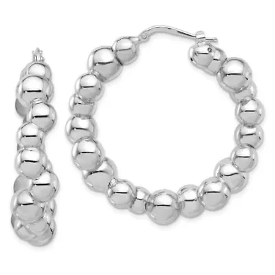 Sterling Silver Rhodium-plated Polished Bead Hoop Earrings