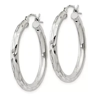 Sterling Silver Diamond-cut Satin 3x30mm Hoop Earrings
