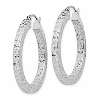 Sterling Silver Rhodium-plated Diamond-cut 3x30mm Square Tube Hoop Earrings