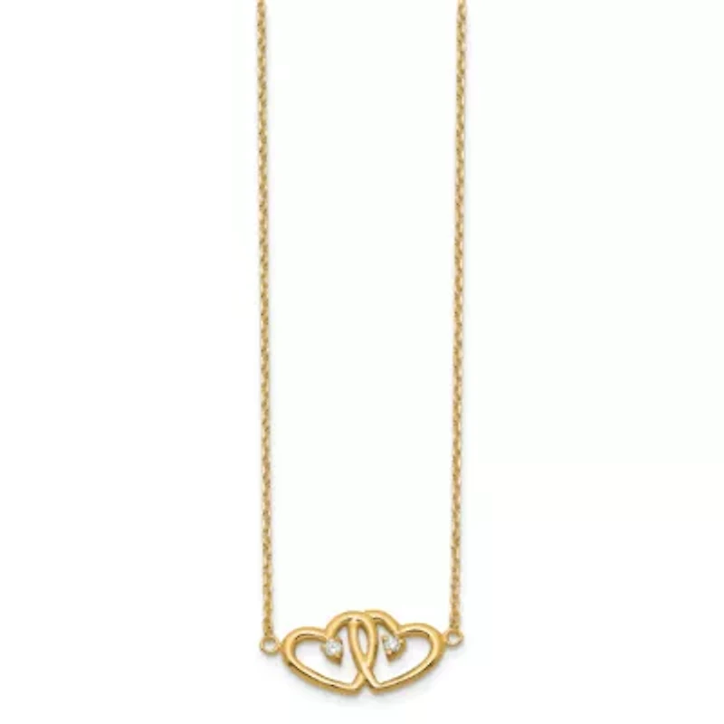 Sterling Silver Gold-tone Polished Two Hearts Cubic Zirconia Necklace