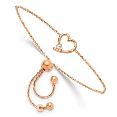 Sterling Silver Rose Gold-plated Open Heart with Cubic Zirconia Adjustable Bracelet