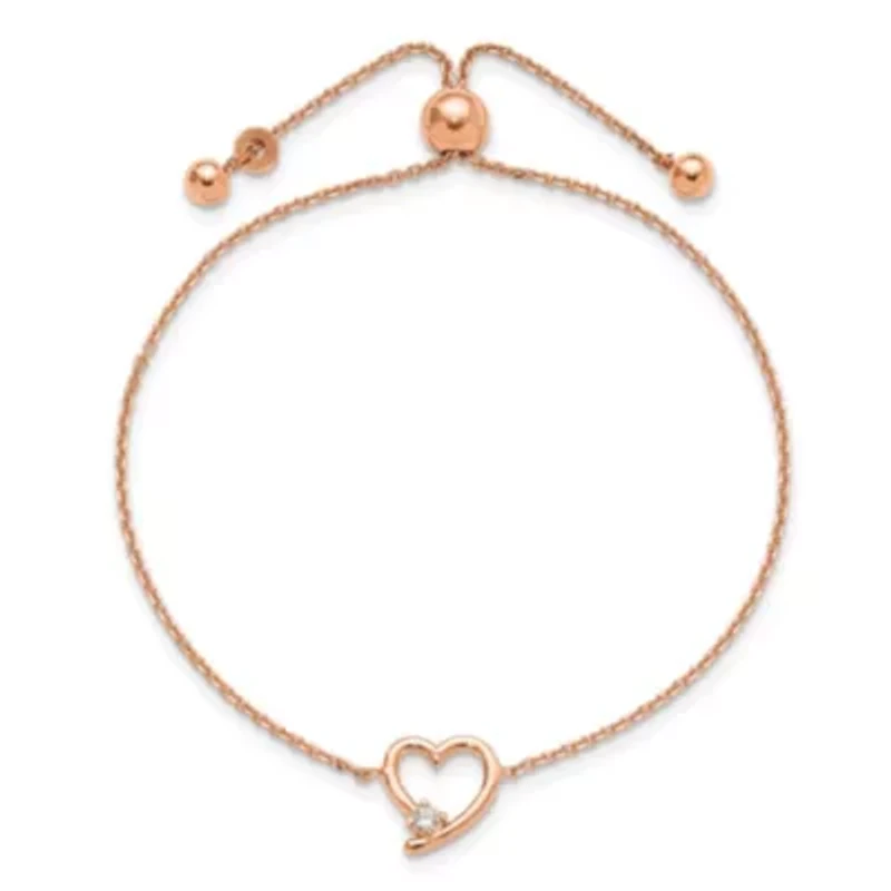 Sterling Silver Rose Gold-plated Open Heart with Cubic Zirconia Adjustable Bracelet