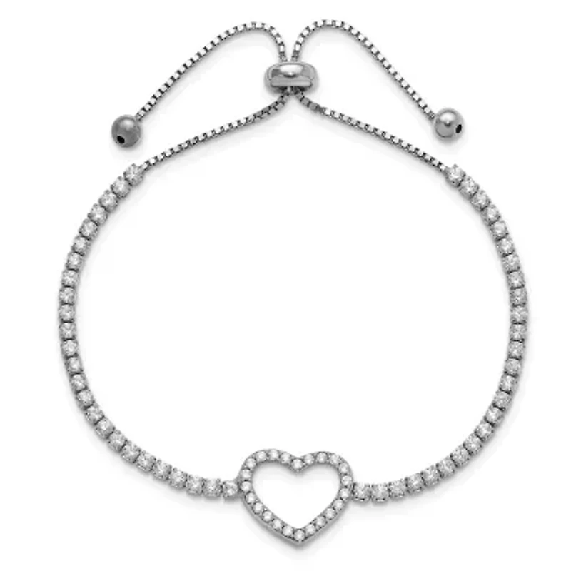 Sterling Silver Rhodium-plated Cubic Zirconia Heart Adjustable Bracelet