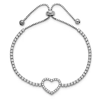 Sterling Silver Rhodium-plated Cubic Zirconia Heart Adjustable Bracelet