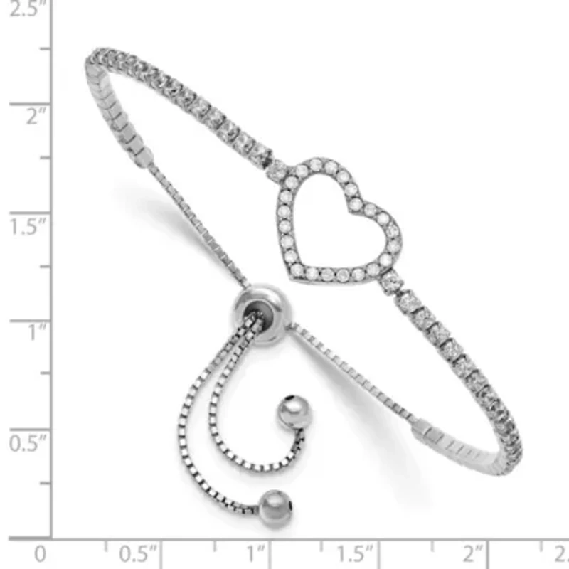 Sterling Silver Rhodium-plated Cubic Zirconia Heart Adjustable Bracelet