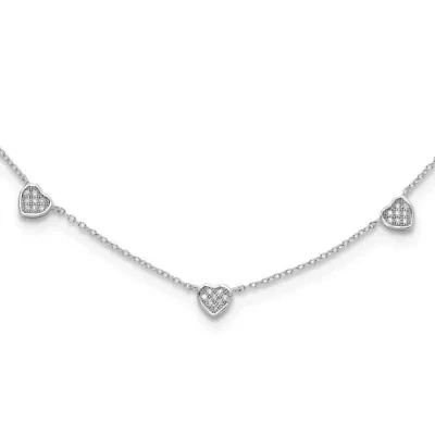 Sterling Silver Rhodium-plated with Micro Pave Cubic Zirconia Hearts 16-inch with 2-inch Extension Necklace