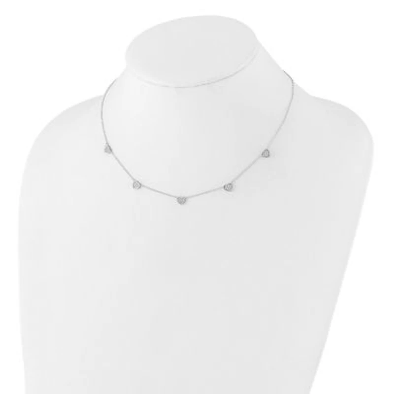 Sterling Silver Rhodium-plated with Micro Pave Cubic Zirconia Hearts 16-inch with 2-inch Extension Necklace