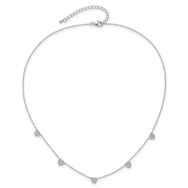 Sterling Silver Rhodium-plated with Micro Pave Cubic Zirconia Hearts 16-inch with 2-inch Extension Necklace