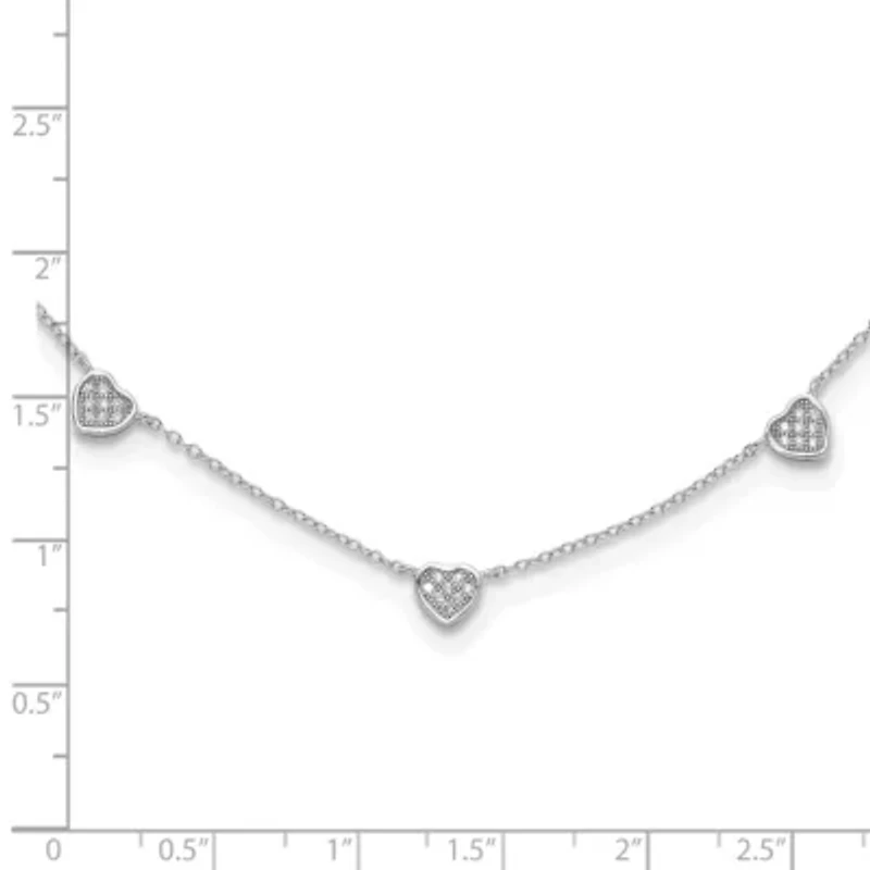 Sterling Silver Rhodium-plated with Micro Pave Cubic Zirconia Hearts 16-inch with 2-inch Extension Necklace