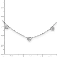 Sterling Silver Rhodium-plated with Micro Pave Cubic Zirconia Hearts 16-inch with 2-inch Extension Necklace