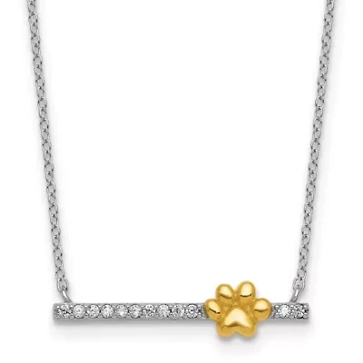Sterling Silver Gold-tone Cubic Zirconia Paw Bar 16-inch with 2-inch Extension Necklace