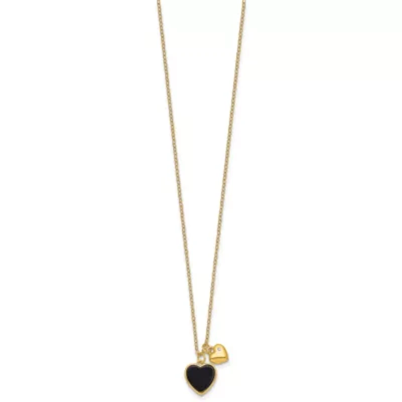 Sterling Silver Gold-tone Onyx Cubic Zirconia Hearts 14-inch with 3-inch Extension Children's Necklace