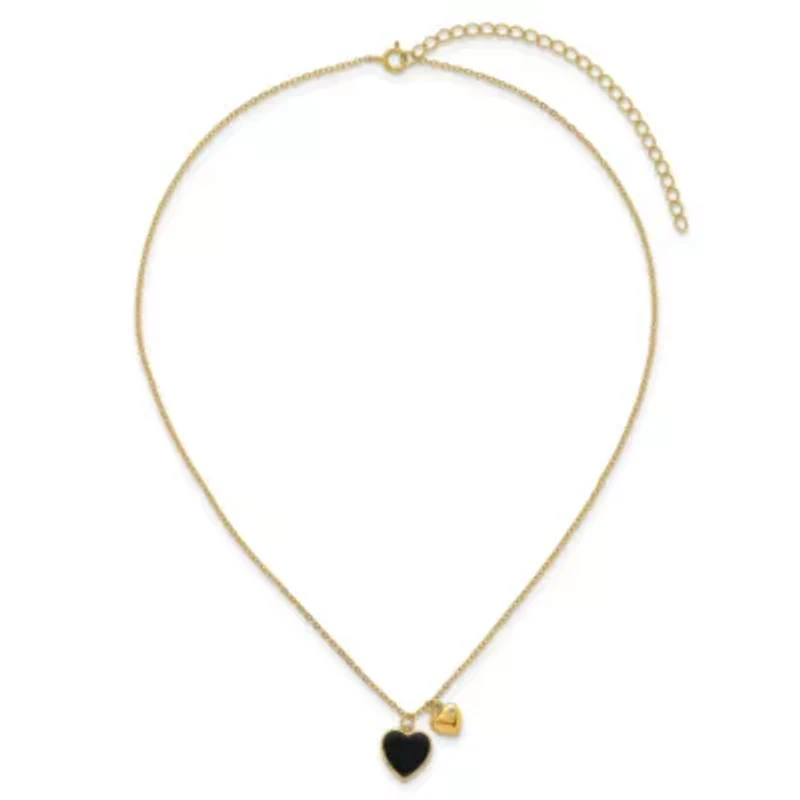 Sterling Silver Gold-tone Onyx Cubic Zirconia Hearts 14-inch with 3-inch Extension Children's Necklace