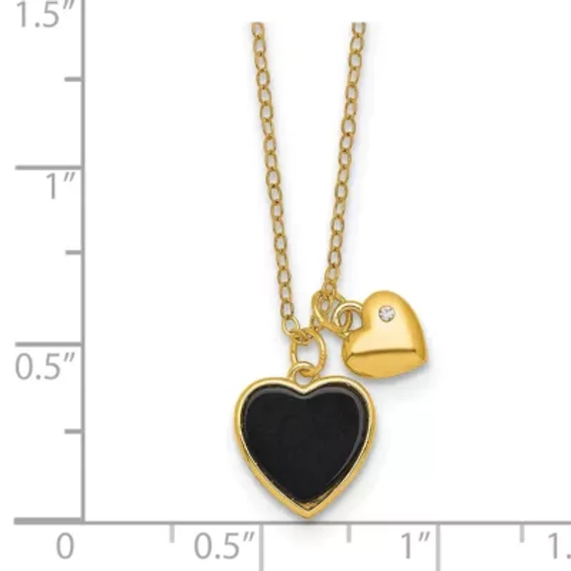 Sterling Silver Gold-tone Onyx Cubic Zirconia Hearts 14-inch with 3-inch Extension Children's Necklace