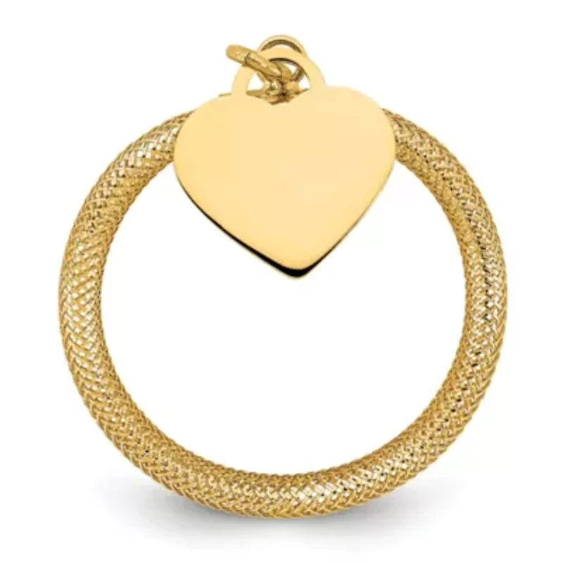 14K Yellow Gold Woven Mesh Stretch Polished Heart Charm Ring