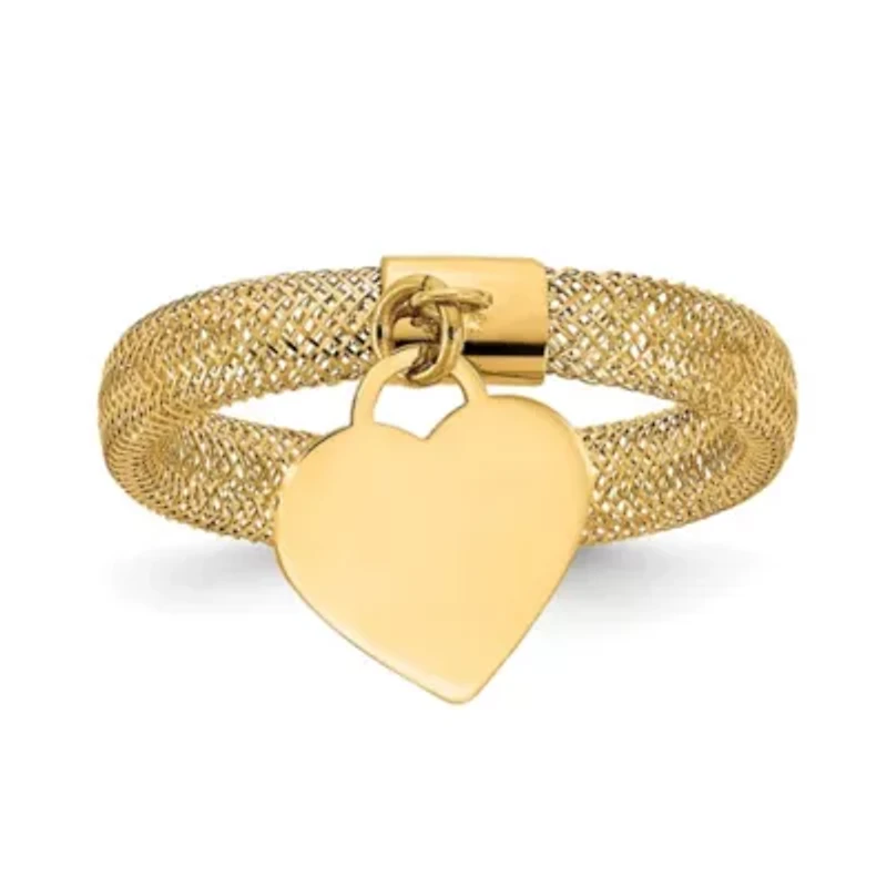 14K Yellow Gold Woven Mesh Stretch Polished Heart Charm Ring