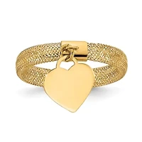 14K Yellow Gold Woven Mesh Stretch Polished Heart Charm Ring