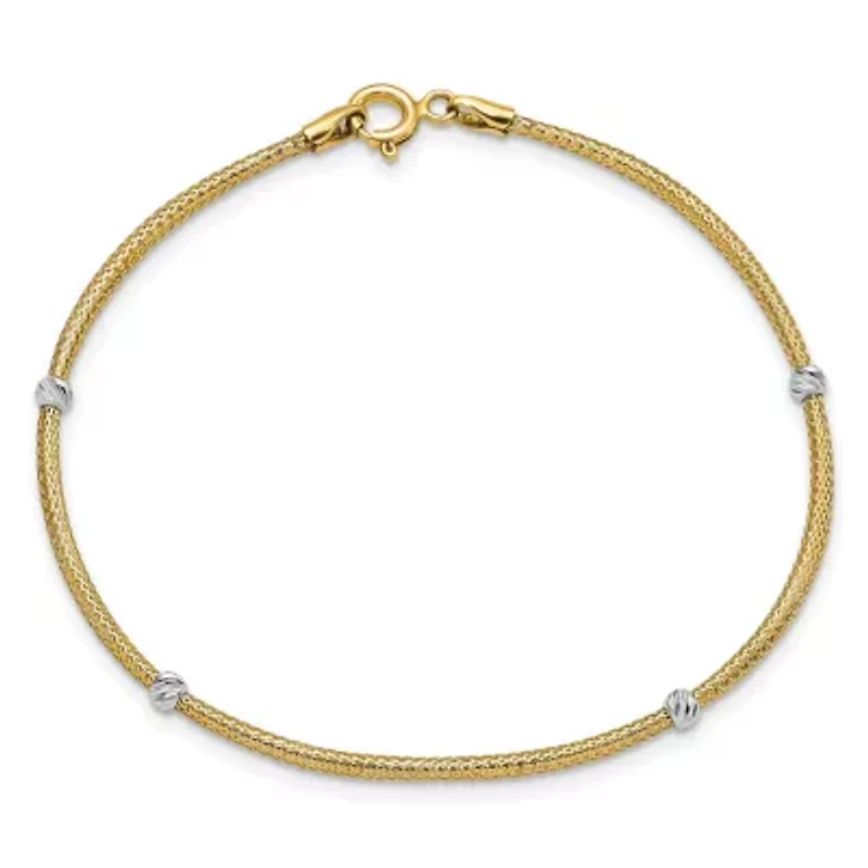 14K Two-tone Gold Woven Flexible Diamond-cut Beads Bracelet