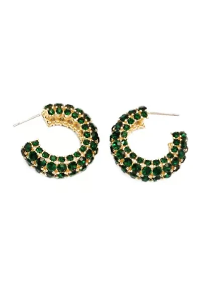 Gold Tone Green Crystal Thick Hoop Earrings