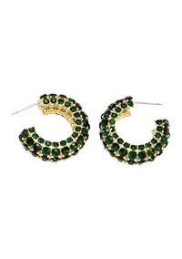 Gold Tone Green Crystal Thick Hoop Earrings