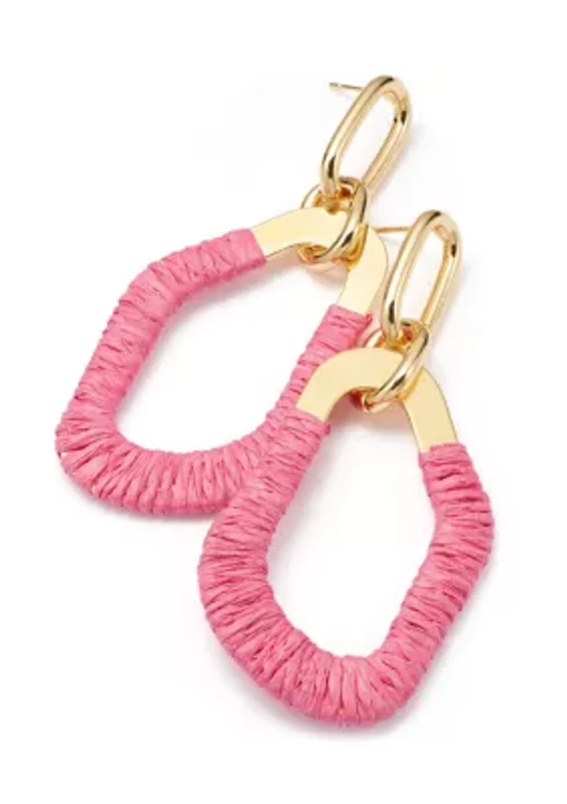 Gold Tone Raffia Thread Wrapped Organic Drop Earrings