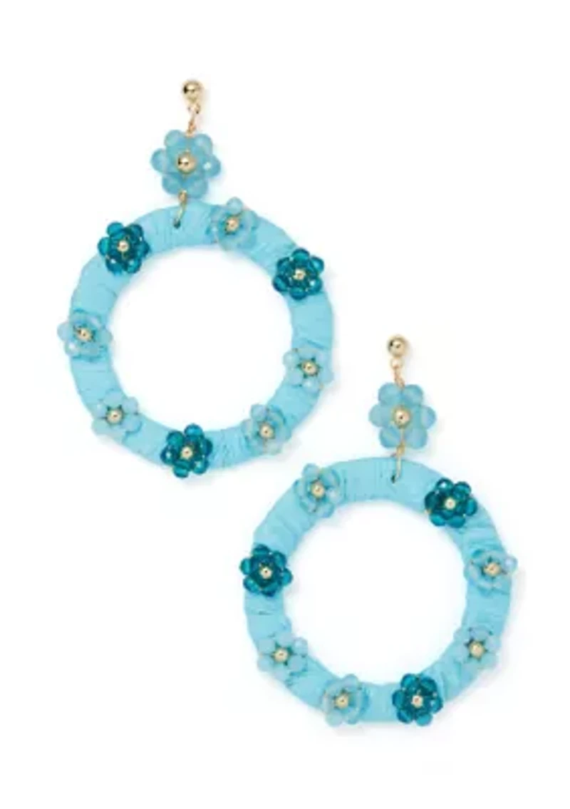 Gold Tone Beaded Flower Circle Drop Earrings