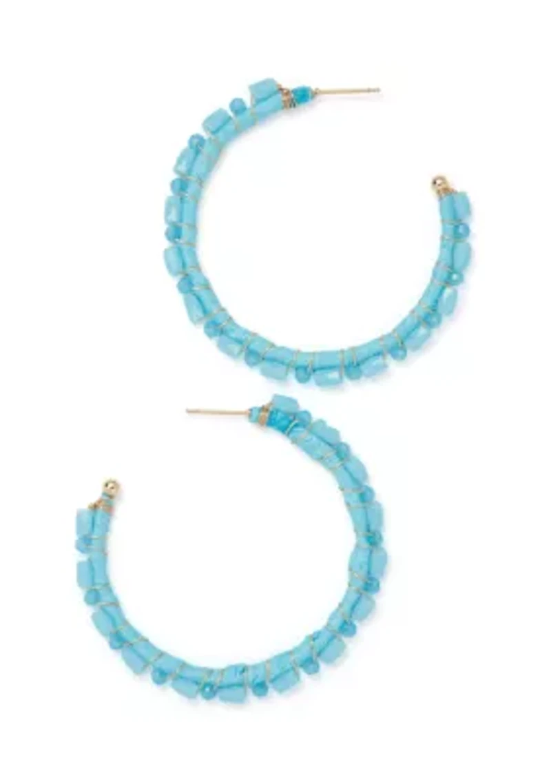 Gold Tone Blue Beaded Hoop Earrings