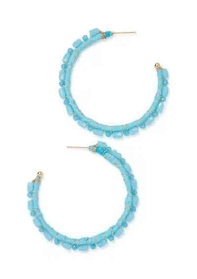 Gold Tone Blue Beaded Hoop Earrings