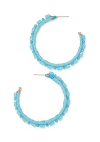 Gold Tone Blue Beaded Hoop Earrings