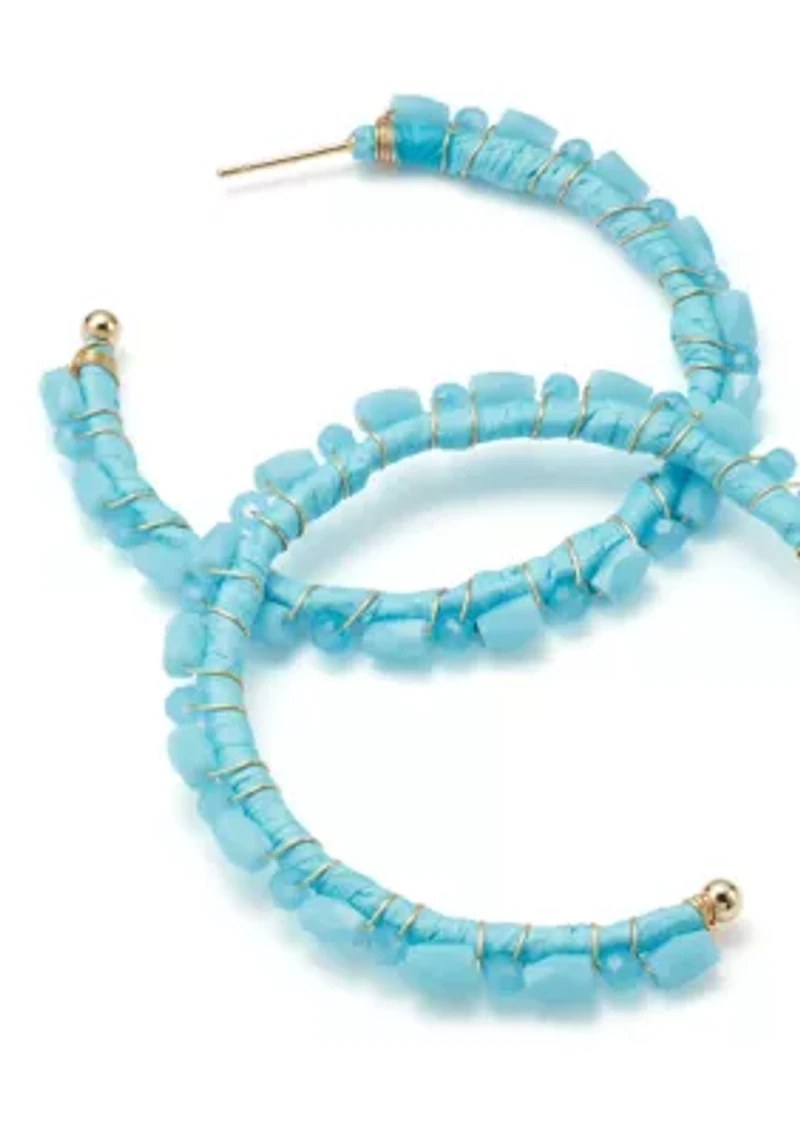 Gold Tone Blue Beaded Hoop Earrings