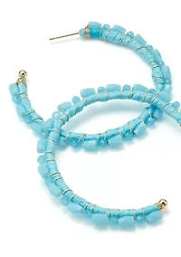 Gold Tone Blue Beaded Hoop Earrings