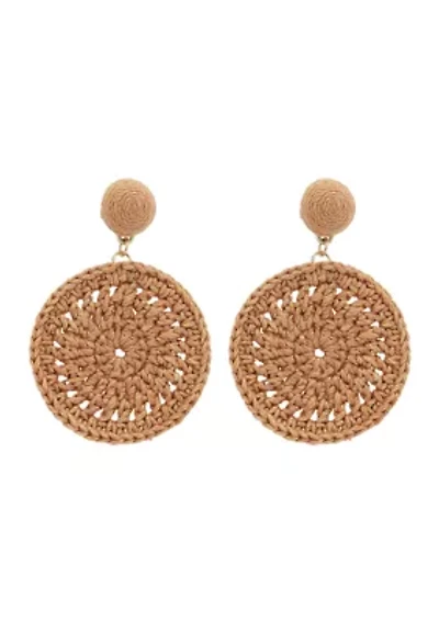 Gold Tone Peach Crochet Circle Drop Earrings