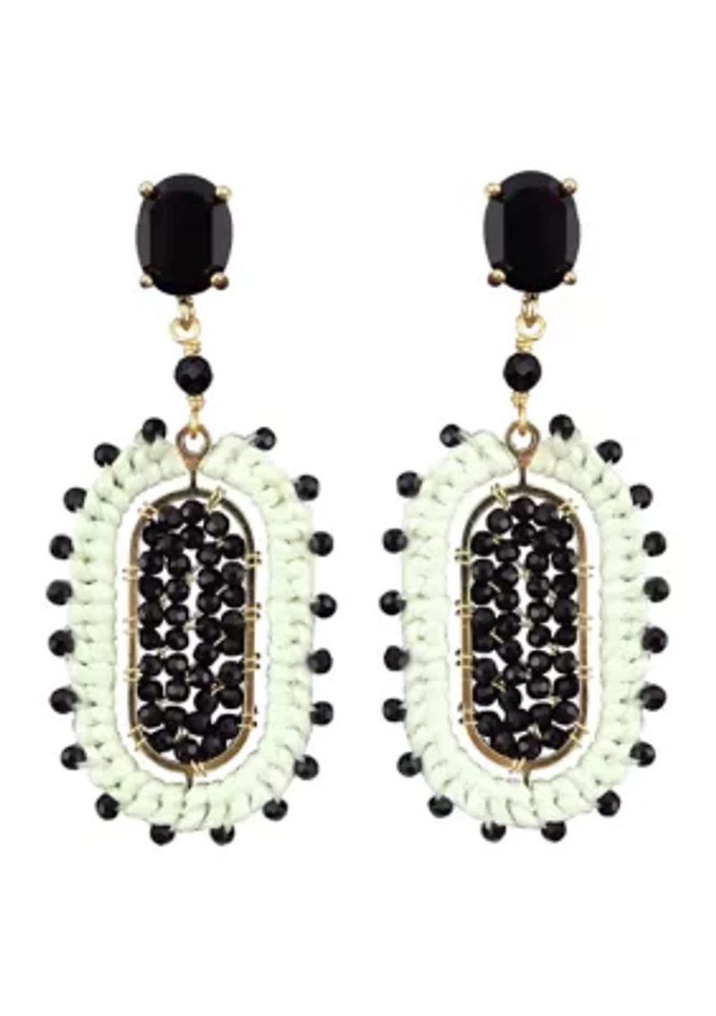 Gold Tone Black Crystal Ivory Beaded Oval Drop Earrings