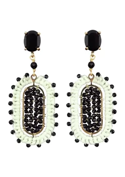 Gold Tone Black Crystal Ivory Beaded Oval Drop Earrings