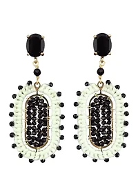 Gold Tone Black Crystal Ivory Beaded Oval Drop Earrings